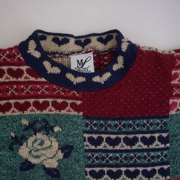 Vintage Maggie Lawrence Patchwork Heart Rose Sweater Tunic Long Sleeve XL - Picture 8 of 11